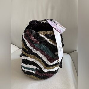 New Zara Beaded Safari Velvet Bucket Bag Crossbody Multicoloured tassels beaded